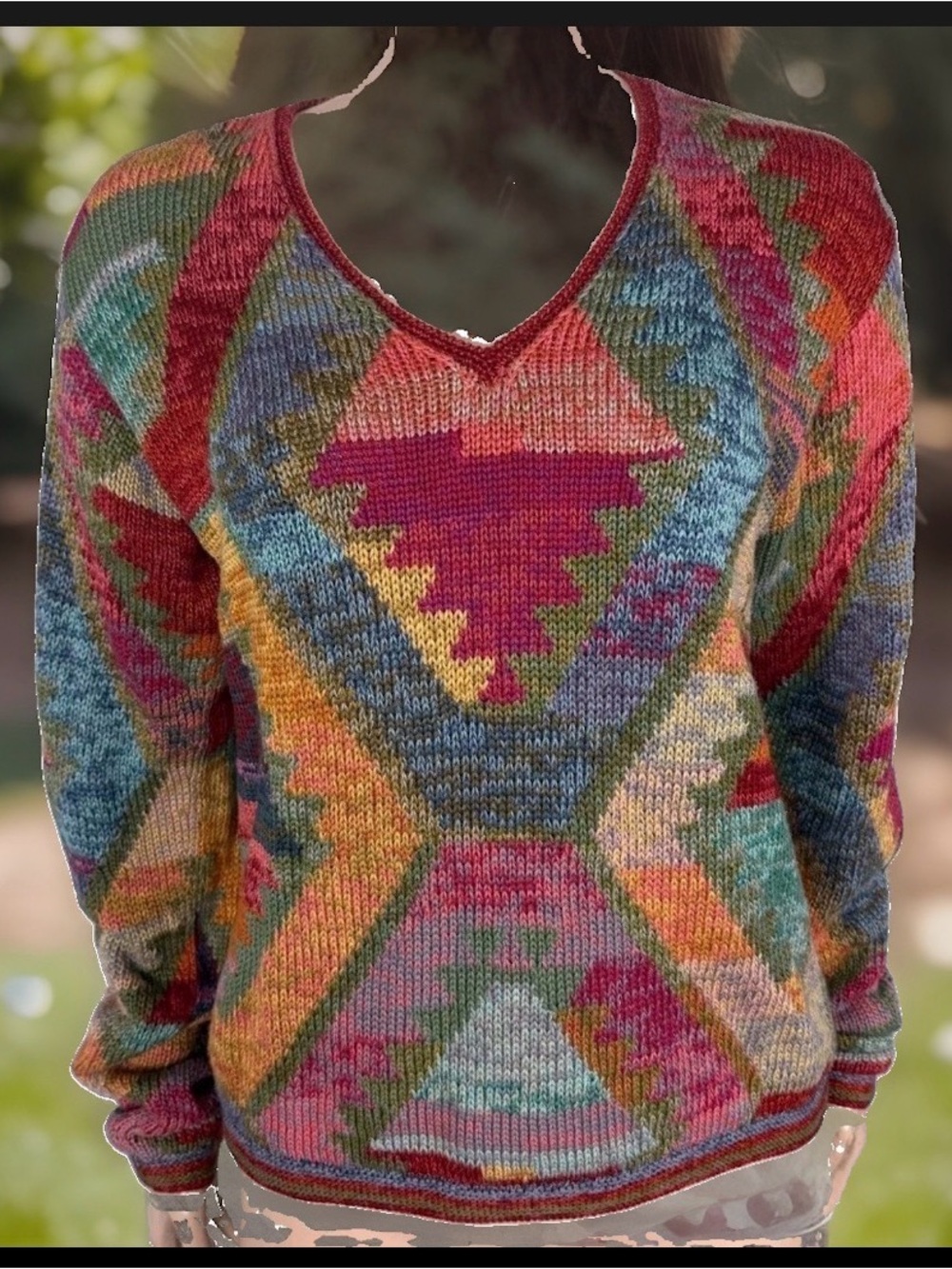 Peruvian Connection Women's Sweater M Pima Cotton V-neck Geometric Aztec Tribal